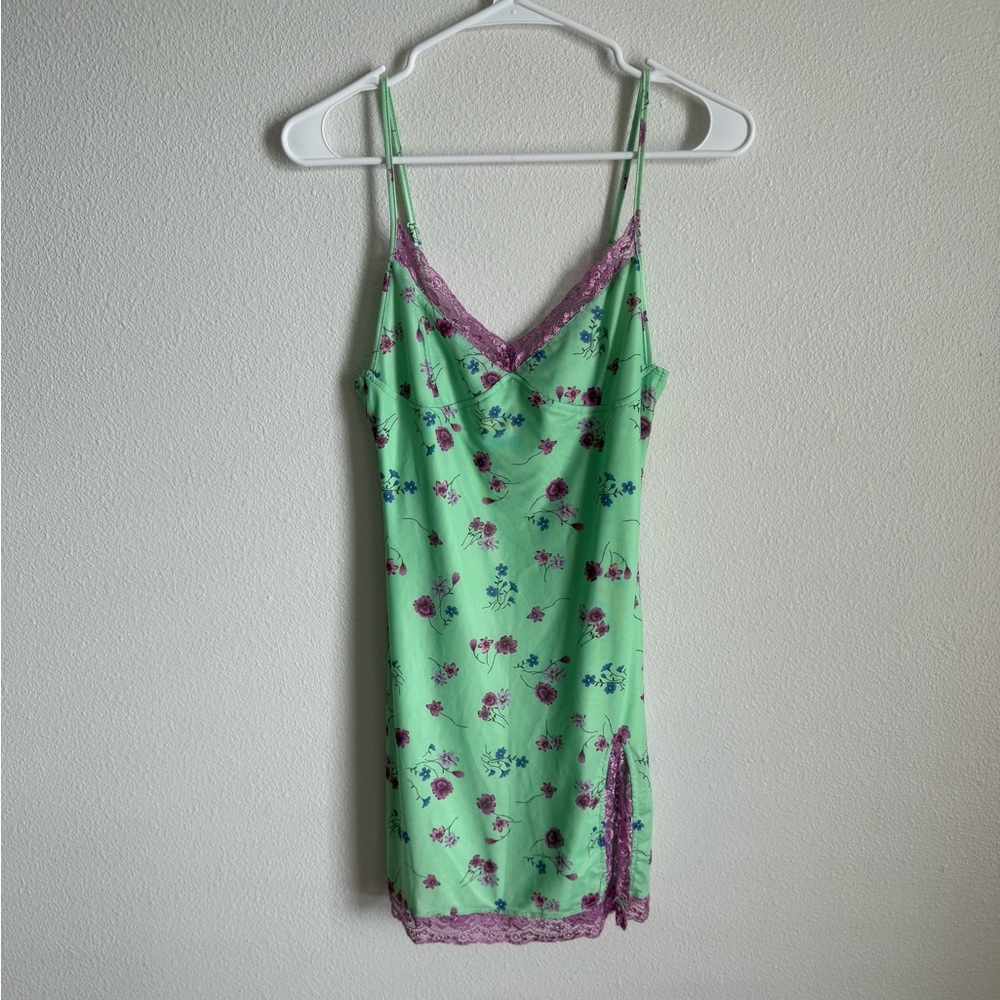 Motel Rocks Coti Mini Bodycon Dress Mesh Slip Floral Green Pink Lace Sz Small